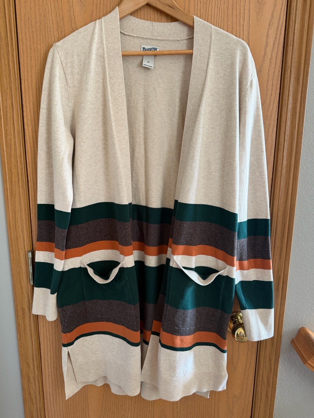 Duluth Trading Co Cozy Green Cream Open-Front Striped Cardigan Women’s Size M